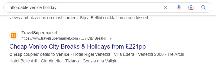A product page title tag using a descriptor for affordable deals