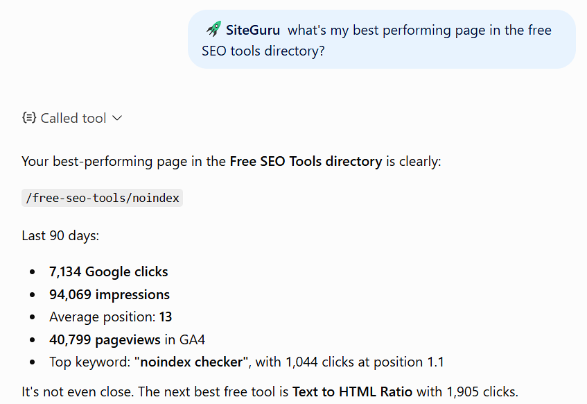 ChatGPT answering a question about the best performing page using live SiteGuru data