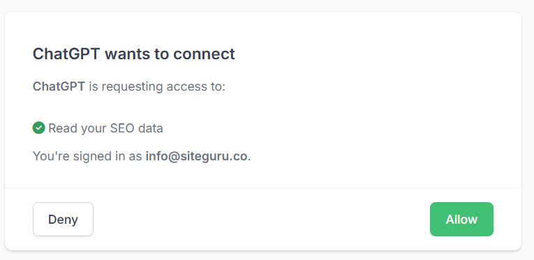 SiteGuru consent screen showing Allow and Deny