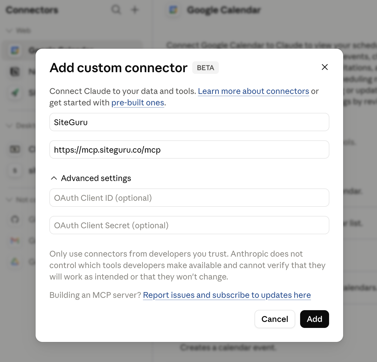 Claude's custom connector screen