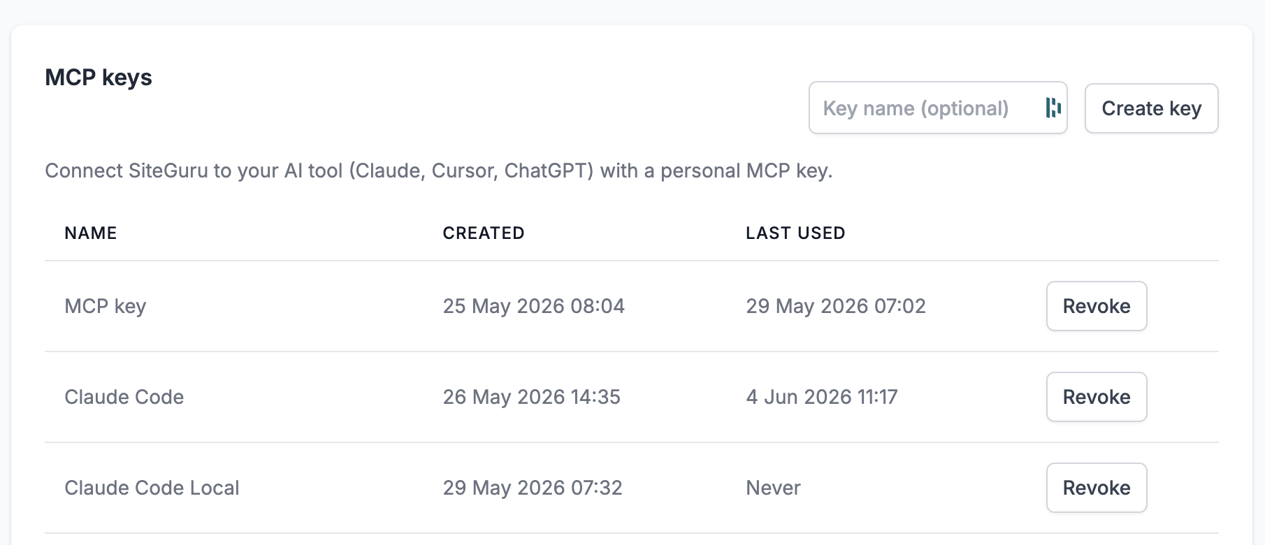 Creating an MCP key on the SiteGuru API access page