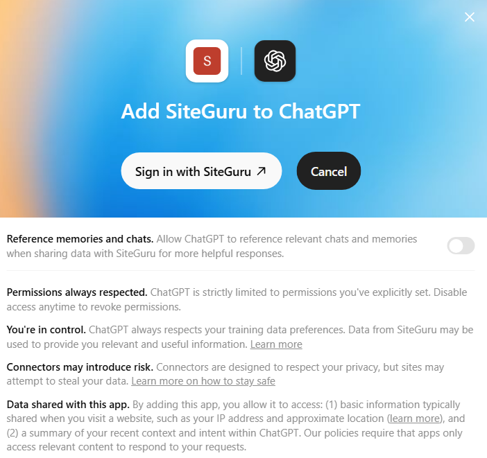 Confirm you want to log in with SiteGuru.