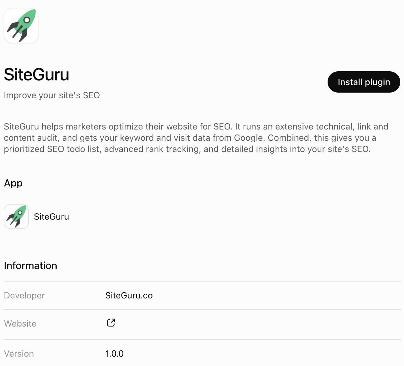SiteGuru installation page