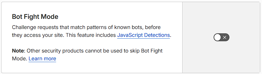Cludflare's bot fight mode toggle