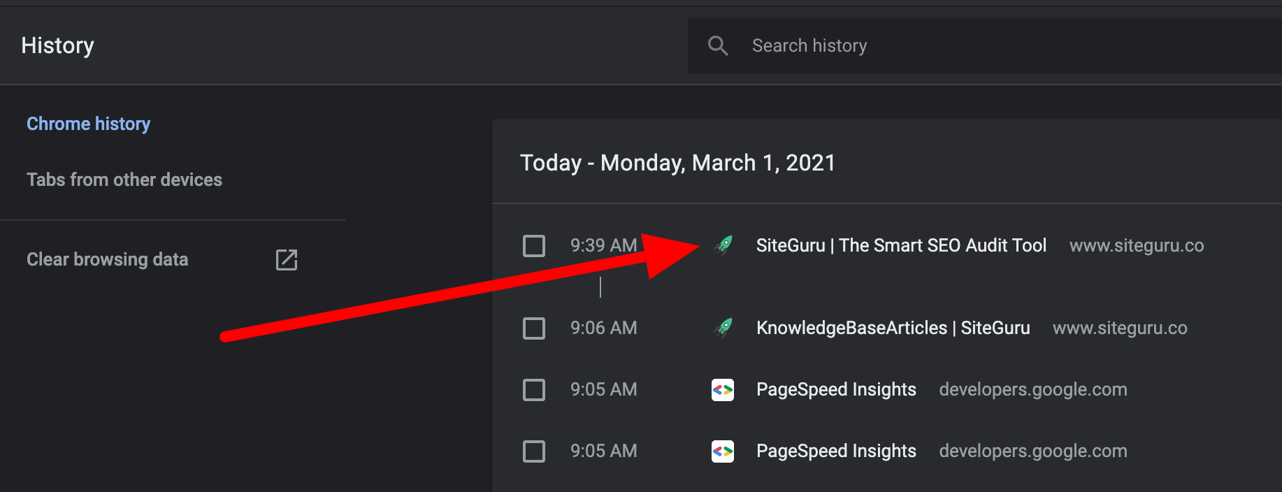 favicon in the history settings on chrome browser