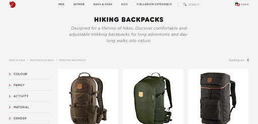 An example of a scannable category page by Fjallraven
