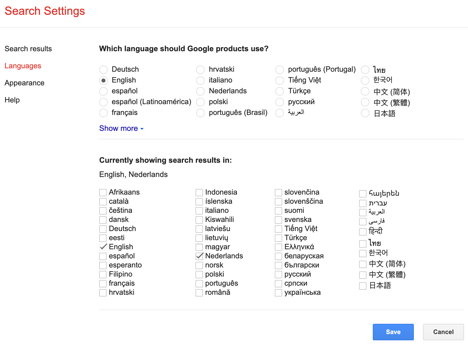 Google search language settings
