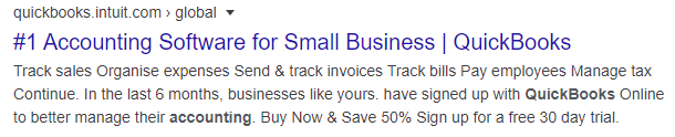 Quickbooks highlights their free trial in the search results