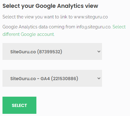 Selecting a Google Analytics view